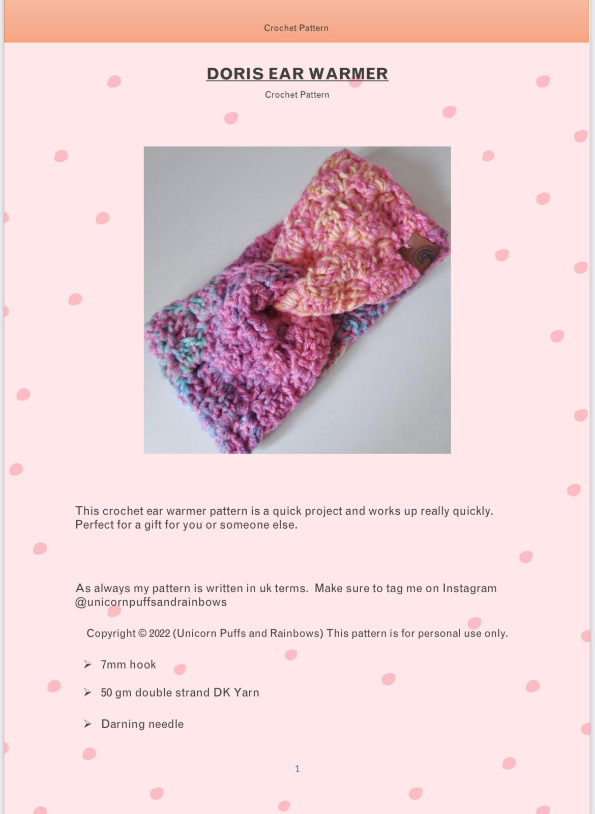 Crochet Doris Ear Warmer Pattern - Digital Download - UK Terms